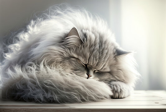 Funny gray cat with long hair and gorgeous, huge eyes is sleeping on a white table. Beautiful fluffy kitten licking its lips. There is no text here. Generative AI