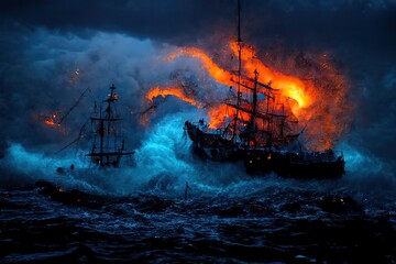 Burning battle ships in the sea. Red and blue colors. Generative ai. 