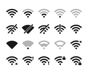 Wireless icon set. Wi-fi sign and symbol. Different levels of wi-fi signal icon. Collection of wireless and Wifi icons template