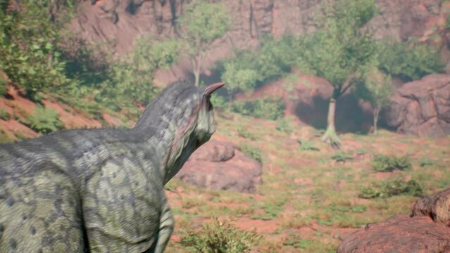 Carnotaurus Walks Cretaceous Period Dinosaurs 3D Animations Rendering CGI 4K