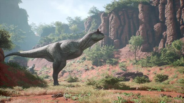 Carnotaurus Calls and Eats Cretaceous Period Dinosaurs 3D Animations Rendering CGI 4K