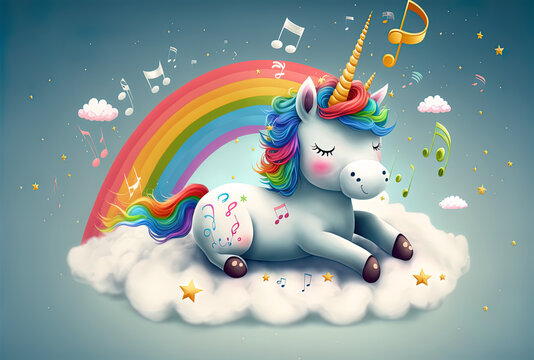 Cute unicorn resting on a cloud while a rainbow contains musical symbols. Generative AI