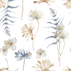 Watercolor floral seamless pattern. Snowy digital print.