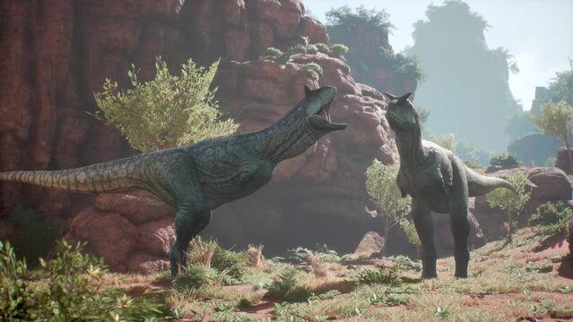 Two Carnotaurus Call and Eat Cretaceous Period Dinosaurs 3D Animations Rendering CGI 4K