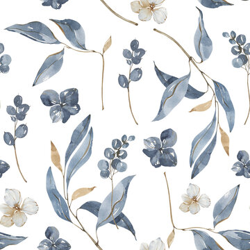 Watercolor floral seamless pattern. Snowy digital print.