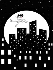 The witch flies on a vacuum cleaner over the city at night. Folklore. Mysticism. Humor.