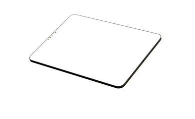 Modern tablet computer stand with blank screen isolated on white background