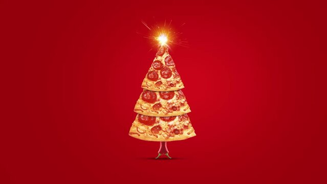 Merry Christmas - Christmas offer pizza slice in shape of Christmas tree isolated on red background. Creative concept for pizza  restaurant brand