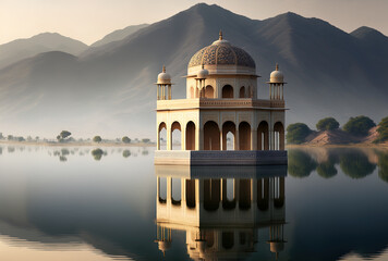 Obraz premium Jal Mahal is a vibrant historical site. An ancient structure on the lake. Rajasthan, India's Jaipur. Generative AI
