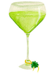 Watercolor glass with cocktail for irish party, isolated on a white background. For cards, menu for st. Patrick's day.