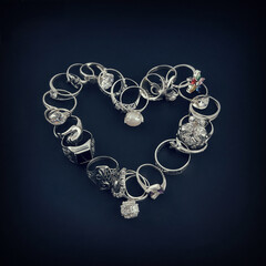 Beautiful jewelry collection witth rings in athe form of a heart on black background. Full size. Set. Kit