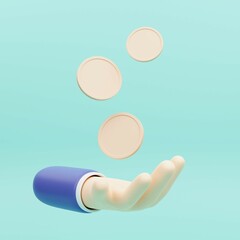 3D Hand with falling coins, money-saving, online payment, and payment concept. 3d render illustration