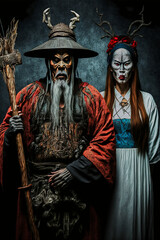 K-drama Shaman, Witch Couple in Studio Shot wearing traditional witch costumes.  Stunning clarity and objectivity.
