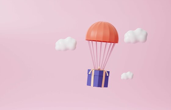 3D Red parachute carrying a purple gift box flying through the clouds. 3d render illustration