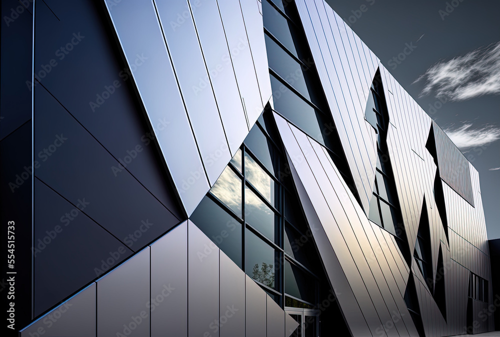 Poster the outer wall of a modern business structure with glass windows and aluminum metal composite panels. Engineered steel frame panels with diagonal cladding cover the futuristic structure. Generative AI