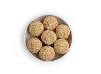 Indian sweet for traditional festival makar sankranti Rajgira laddu made from Amaranth seed in Bowl on white background