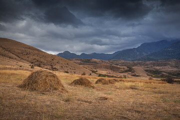 harvested hay in stacks in the mountains