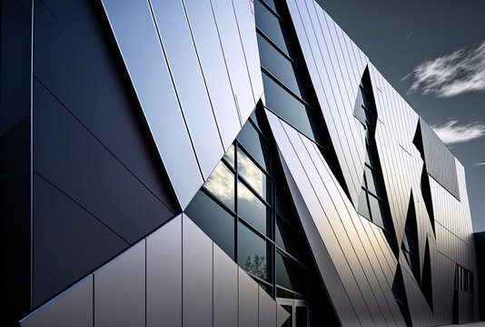 the outer wall of a modern business structure with glass windows and aluminum metal composite panels. Engineered steel frame panels with diagonal cladding cover the futuristic structure. Generative AI