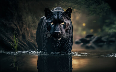 Front view of Panther on dark background. Predator series. digital art	 - obrazy, fototapety, plakaty