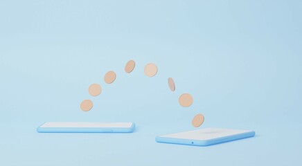 Money transfer on smartphones. Coins moving from one mobile phone to another. Sending and receiving money wirelessly, 3d render. Mobile wallets