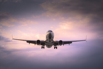 passenger plane landing at sunset