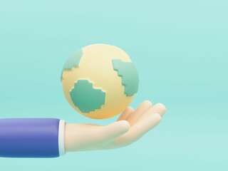 3d render. Businessman holding in hand with global connection concept. Businessman holding in hand with global connection concept on a white isolated background. Save Earth. Environment Concept