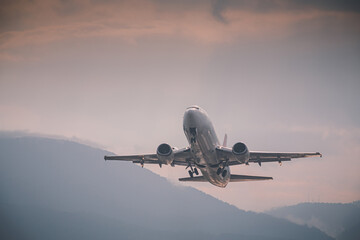 Fototapeta na wymiar passenger plane takes off front view against
