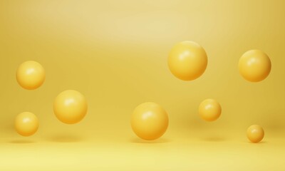 Yellow orb balls on coral background. Realistic 3d shapes. Horizontal banner, poster, header pattern for website. render illustration
