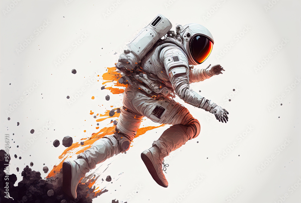 Wall mural illustration of an astronaut kicking up against a white backdrop. generative ai