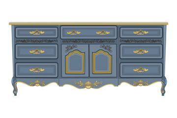 Chest of drawers isolated on white background. Blue wooden commode on little legs.Piece of bedroom furniture and home interior. Dresser or console table for bedroom and living room.Vector illustration