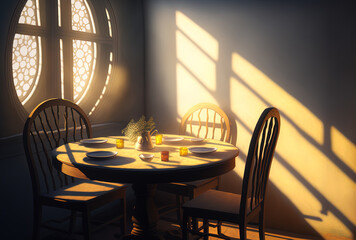 a windowside eating table lighted by the sun. Dining room chairs and a table. Generative AI
