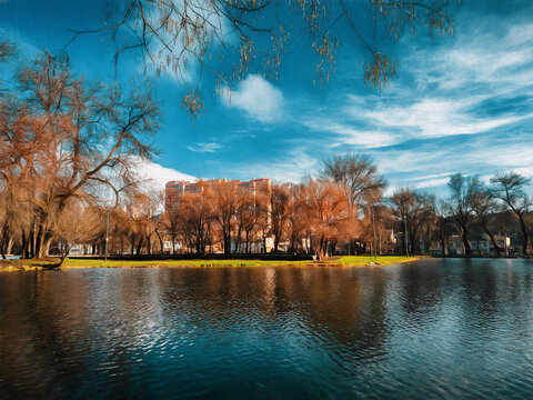 Autumn city park with a large lake. Illustration