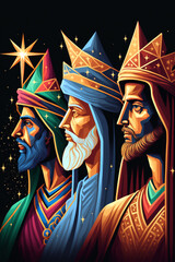 The Three Magi King of Orient, The Three Wise Men Illustration, Melchior, Caspar and Balthasar, Epiphany Celebration, Generative, AI