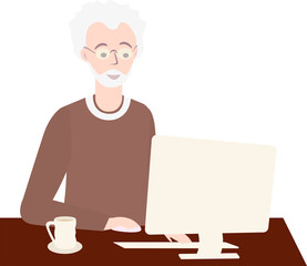 Elderly man using laptop. Old man working or studying at home. Online communication.