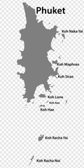 Blank map Phuket Island in gray. Every Island map is with titles. High quality map of  Phuket on transparent background for your  design.     Thailand. EPS10. - obrazy, fototapety, plakaty