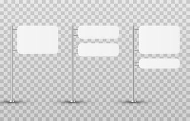 Obraz premium Set of road signs on an isolated transparent background. White signs png. White road signs png. Vector illustration.