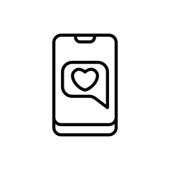 Smartphone with heart in speech bubble line icon. Customer review, love message, like symbol.