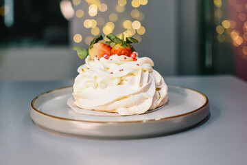 New Year white baked meringue. Christmas bakery background
