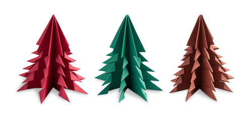 Fototapeta premium Three handmade christmas or new year fir trees made of folded paper in origami technique of magenta red, green and brown colour isolated on white background used as craft gift or home decoration