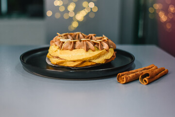 Baked basket with chocolate cream and peanuts