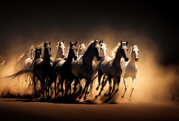 In the desert, a herd of horses sprints. Dark and light. Generative AI