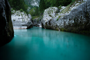 Low angle view of beautiful majestic turquoise soca river