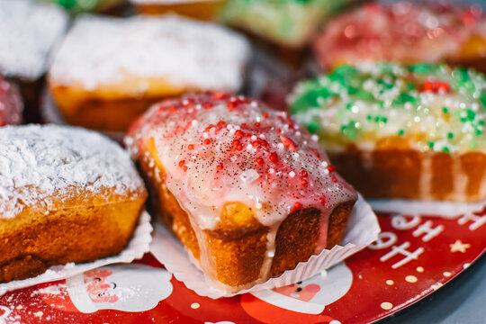 New Year's colorful biscuits. Christmas cakes background