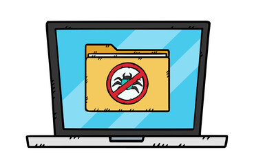 A sign forbidding computer worms and viruses located on a laptop screen. This sign indicates that the antivirus is running. Hand drawn illustration.
