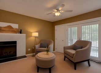 Wide angle view of the interior of a living room there are two white arm chairs with coffee tale