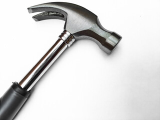 Hammer isolated on white background. Hammer and nail puller, two in one. Close up of a Hammer with a rubberized handle.