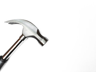 Hammer isolated on white background. Hammer and nail puller, two in one. Close up of a Hammer with a rubberized handle.