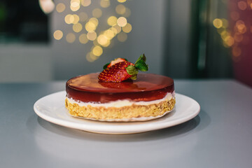 red cheesecake for New Year's breakfast. cheesecake background