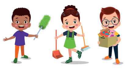 Vector Cartoon kids cleaning at home set Children in various cleaning positions