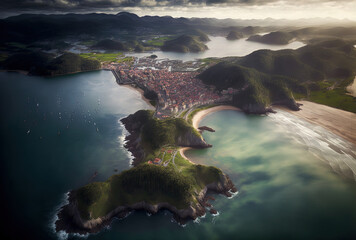Spanish province of Asturias aerial picture of Ribadesella and its estuary. Generative AI - obrazy, fototapety, plakaty
